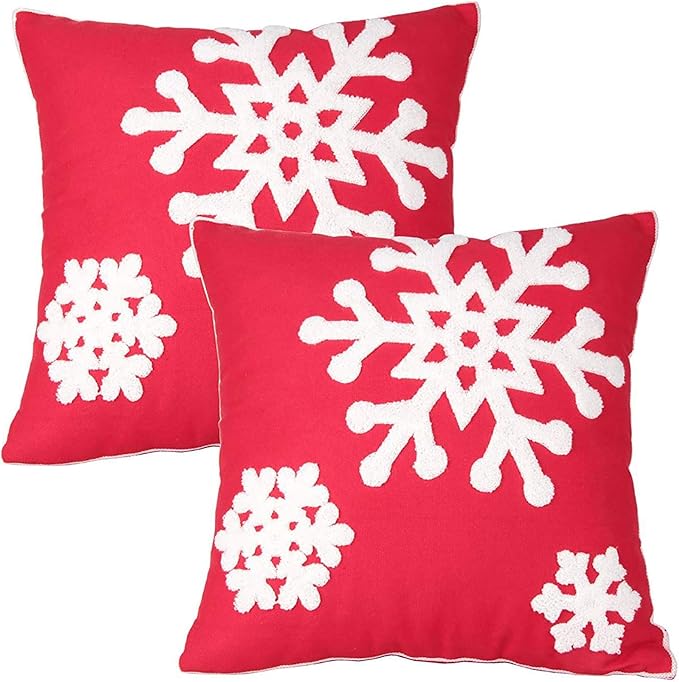 Elife Soft Square Christmas Snowflake Home Decorative Canvas Cotton Embroidery Throw Pillow Covers 18x18 Cushion Covers Pillowcases for Sofa Bed Chair (1 Pair, Red)