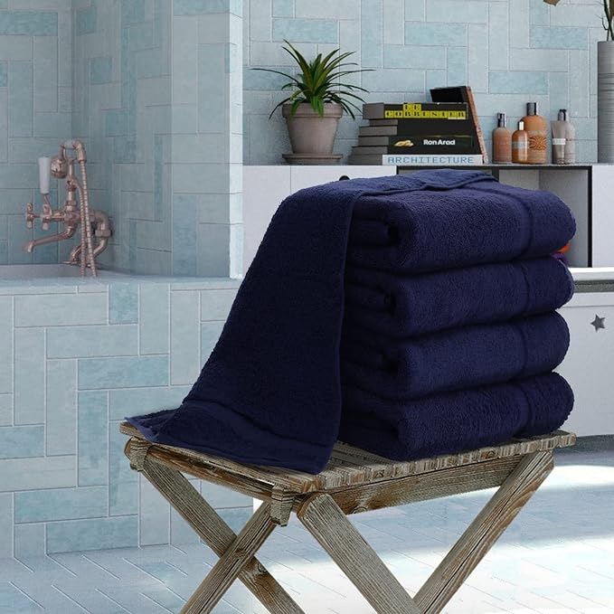Luxury Hotel & Spa Collection Highly Absorbent, Quick Dry 100% Turkish Cotton 700 GSM, Eco Friendly Towel, for Bathroom Dobby Border Soft Bath Towel Set 27 X 54 -Navy Blue, Bath Towels - Set of 4