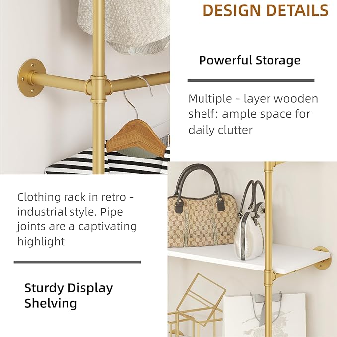 Industrial Pipe Clothing Rack, Heavy Duty Adjustable Garment Hanger with Shelves, 2 Installation Methods Closet Storage System for Wardrobe Organization (Gold, 80" H x 55" W)
