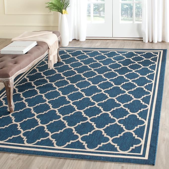 SAFAVIEH Washable Rug Outdoor Courtyard Collection - 4' x 5'7", Navy & Beige, Non-Shedding & Easy Cleaning, Ideal for Patio, Backyard, Mudroom (CY6918-268)