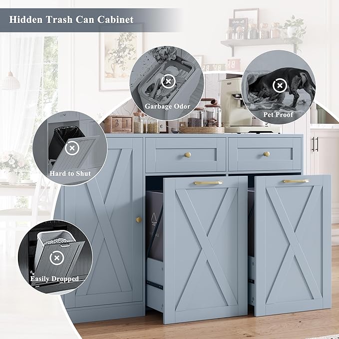 HOSTACK 12.5 Gallon Kitchen Trash Cabinet, 47" Double Trash Can Cabinet, Large Pull Out Can Storage Drawers, Wood Farmhouse Hidden Garbage Storage Buffet for Kitchen, Dining Room, Blue