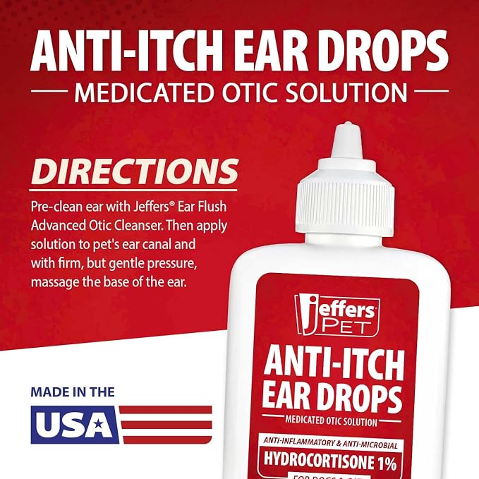 Jeffers Anti-Itch Ear Drops for Dogs & Cats, 2 fl oz -1% Hydrocortisone Otic Solution, Soothes Itchy Ears, Supports Ear Comfort & Hygiene, Clean & Refreshes, Safe for Puppies, Kittens, Adult Pet