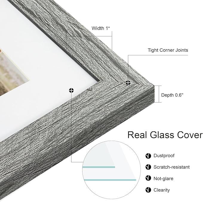14x14 Picture Frame Set of 2, Grey with Glass Collage Frame, Display Photo Six Opening 4x6 With Mat or 14 x 14 Without Mat - Horizontal or Vertical Wall Mounting