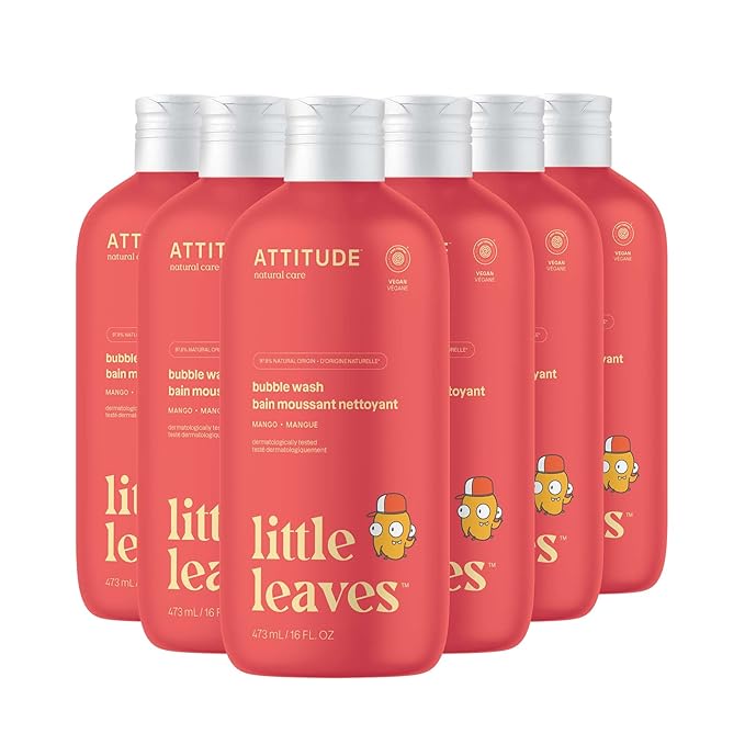 ATTITUDE Bubble Wash for Kids, EWG Verified Bubble Bath, Hair Shampoo and Body Soap, Dermatologically Tested, Plant- and Mineral-Based, Vegan, Mango, 16 Fl Oz (Pack of 6)