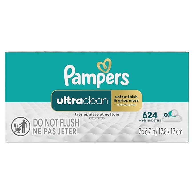 Pampers Ultra Clean Baby Wipes (Previously 'Free & Gentle'), 99% Water, Hypoallergenic, Unscented, 100% Plant Based, Plastic-Free, 624 Baby Wipes Total (8X Flip-Top Packs) [Packaging May Vary]