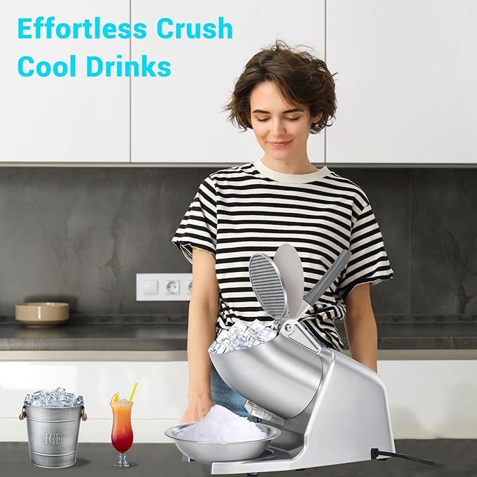 300W 178 lbs/hr ETL-Listed Dual Blade Electric Ice Shaver Machine with Ice Pick, Ice Crusher for Home Use and Commercial, Shaved Ice Machine, Ice Grinder, Silver