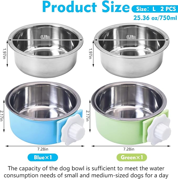kathson Crate Dog Bowl 2pcs, Removable Stainless Steel Hanging Pet Kennel Cage Bowl Food & Water Feeder Coop Cup for Puppy, Cat, Rabbit, Guinea Pigs (2 PCS, Size: L, Blue and Green)