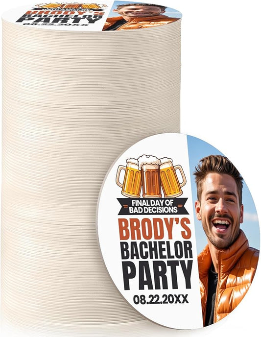 100 Pack Personalized Bachelor Party Coasters, Custom Cardboard Drink Coasters with Photo Print and Text, Fun Bachelor Party Favors and Gifts, 3.95" Round, Design 2