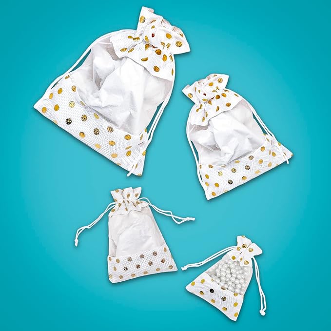 12-Pack X-Large Linen Burlap & Organza Gift Bags w. Drawstrings (7.5x11.5 in, White/Gold Polka) - Party Favors, Presents, Samples & Treats Mesh Pouch by The Display Guys