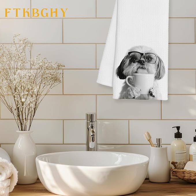 Funny Shih Tzu Coffee Kitchen Towels, Shih Tzu Gifts for Women, Dog Mom Dad Lover Gifts Decorative Dish Hand Tea Towels for Kitchen Coffee Bar Decor, 16x24 Inch