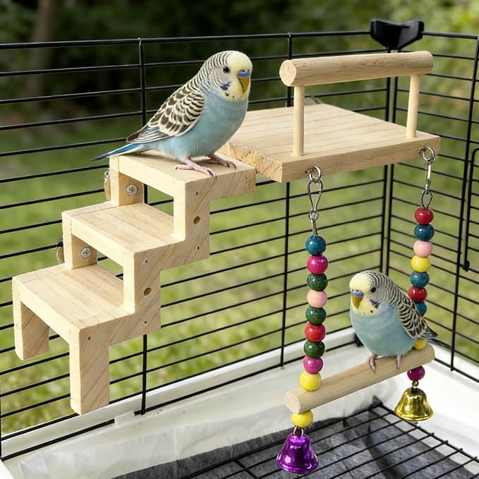 Bird Perch Platform with Ladder & Swing,Parrot Wooden Play Gym Cage Toys | Bird Wood Playing Exercise Stands Perches,Parakeet Climbing Ladder Playground Cage Accessories for Cockatiel Budgie Lovebird