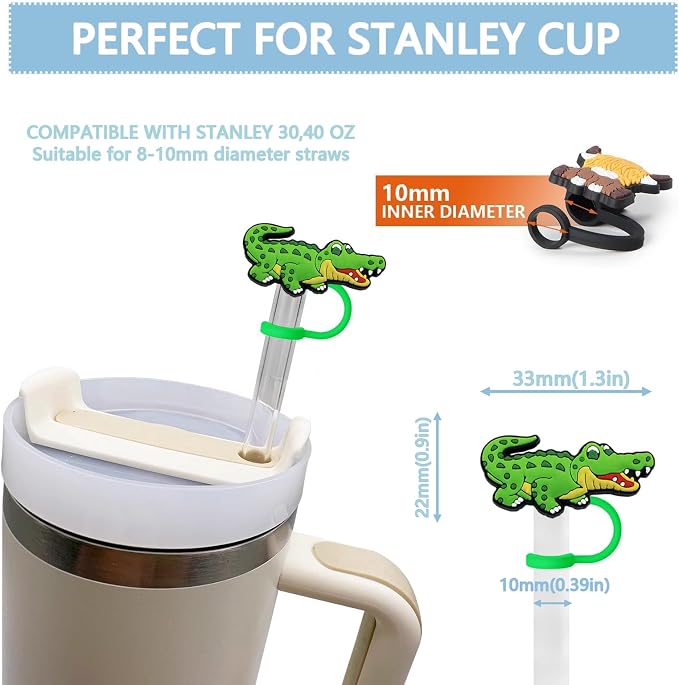 Animal Straw Toppers For Stanley Cups;Straw Covers Cap Toppers Compatible With Stanley 30&40 Oz Tumbler, Reusable & Silicone Tumbler Straws Topper For 0.4 Inch Tips Animal Lover Gifts (Alligator)