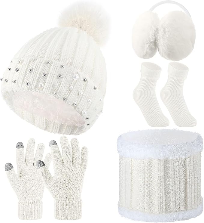 5 Pieces Women Winter Warm Set Knit Beanie Hat Scarf Touchscreen Gloves Earmuffs Stockings 5 in 1 Ski Outing Set for Gift