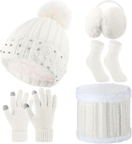 5 Pieces Women Winter Warm Set Knit Beanie Hat Scarf Touchscreen Gloves Earmuffs Stockings 5 in 1 Ski Outing Set for Gift