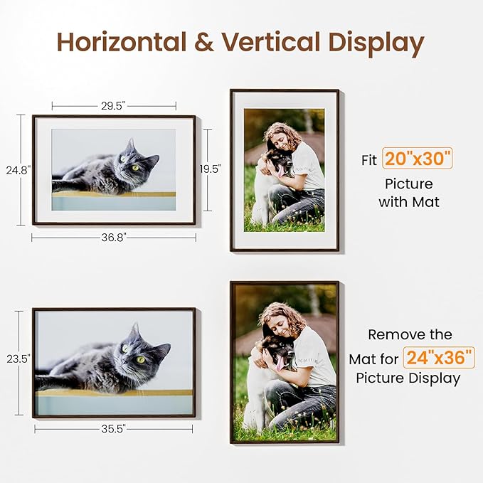 24x36 Picture Frame Natural Oak Wood From California-USA Walnut Color Finished Handcrafted 24 x 36 Poster Frame Matted to 20x30 Photo with Real Tempered Glass,for Photo,Certificate,Degree,Graduation