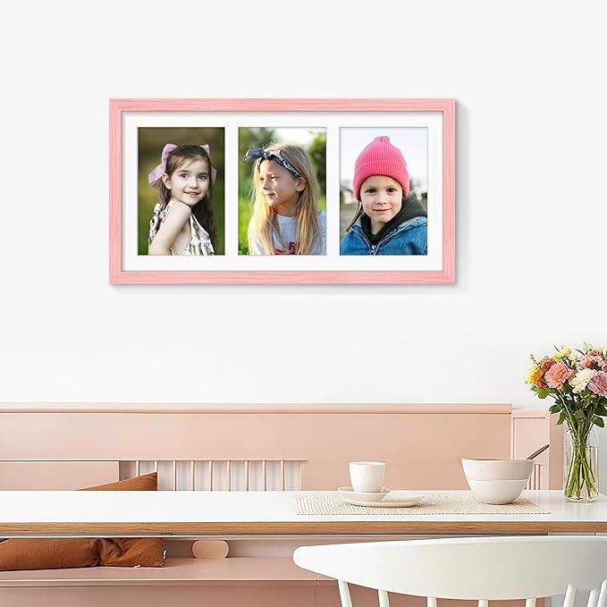 8x16 Collage Picture Frame 5x7 Collage Picture Frame Displays Three 5x7 inch Photos or 8x16 (Without Mat) for Available Horizontal Wall Mounting Display and Vertical Pink