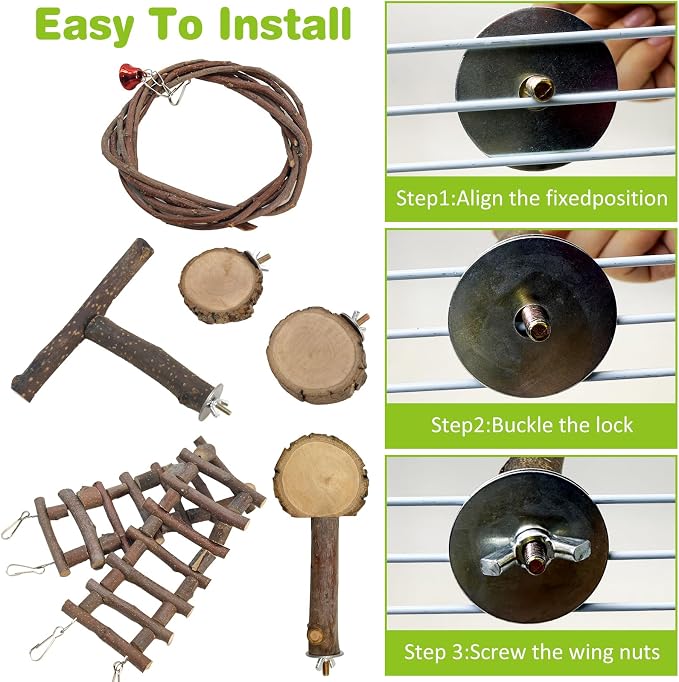 BNOSDM 6PCS Chinchilla Cage Accessories, Natural Wood Sugar Glider Climbing Bridge & Perch Platforms, Rat Enrichment Toys Set for Small Animals Squirrel, Gerbil, Hamster