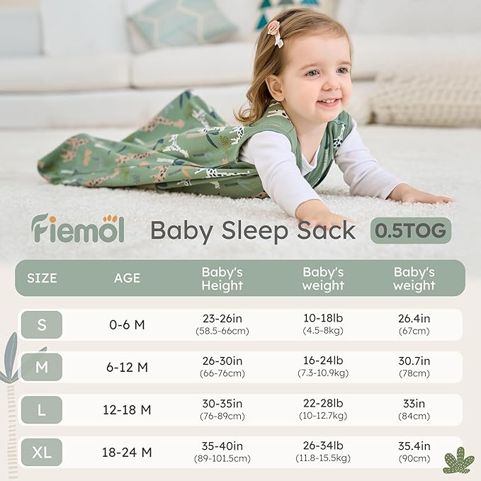 Baby Sleep Sack 12-18 months, 100% Cotton Sleeping Sack for Newborn and Infant, 3 Pack Baby Wearable Blanket for Boy and Girl, 0.5 Tog Lightweight Double Zipper Sleep Bag Green Brown Giraffe