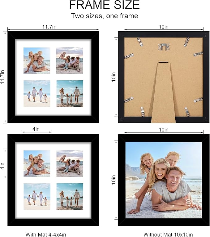 10x10 Picture Frame Set of 2, Real Glass and Black Collage Frame, Display Pictures Four Opening 4x4 With Mat or 10 x 10 Without Mat for Wall Hanging or Tabletop
