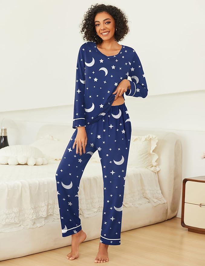 Ekouaer Womens 2 Pack Pajama Set Long Sleeve Pajamas Top and Pants V Neck Pjs Set Soft Loungewear with Pockets