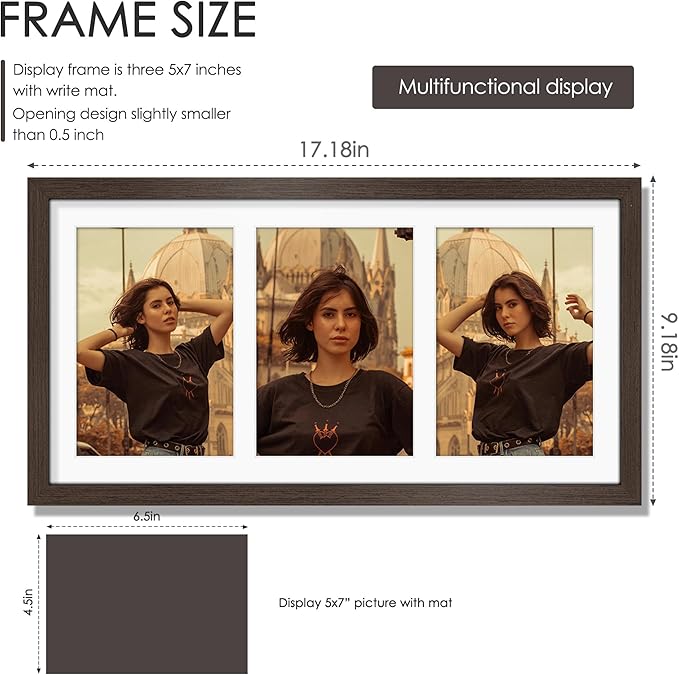 8x16 Collage Picture Frame,5x7 Collage Picture Frame Displays Three 5x7 inch Photos, or 8x16 (Without Mat) for Available Horizontal Wall Mounting Display and Vertical, Walnut.
