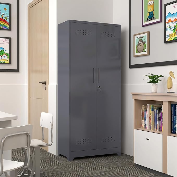 GREATMEET 72.8" H Tall Metal Garage Storage Cabinet for Cleaning Tools, Lockable Double Door Utility Organizer with Pegboard & Tool Hanging Bars, Grey