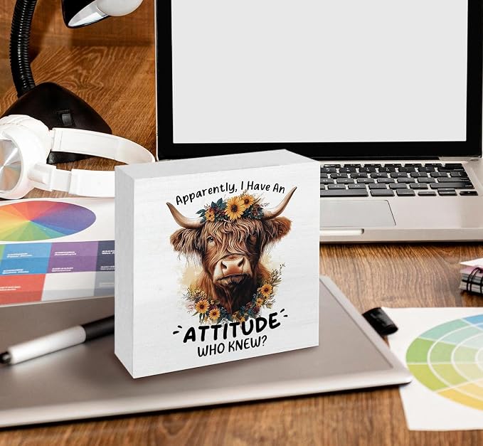 Highland Cow Sign, Farm Cottagecore Animal Office Kitchen Bedroom Decor, Apparently I Have an Attitude Who Knew Wooden Box Signs, Apparently Highland Cow Gifts for Women Men 8x8 in Decorative Signs & Plaques