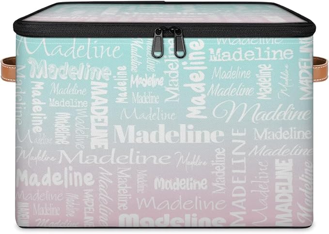 Custom Storage Basket with Name, Personalized Keepsake Box with Zipper Lid, Foldable Fabric Memory Bin Large capacity with Handle Green Pink