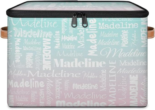 Custom Storage Basket with Name, Personalized Keepsake Box with Zipper Lid, Foldable Fabric Memory Bin Large capacity with Handle Green Pink