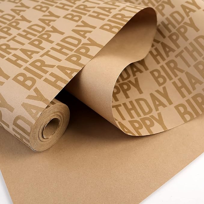 MAMUNU Birthday Wrapping Paper Roll, Brown and Gold Kraft Happy Birthday Wrapping Paper Jumbo Roll, Gift Wrap Paper Set for Men Women Boys Girls, 17Inch × 33Feet