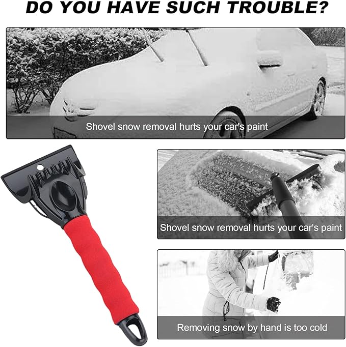 Ice Scraper for Car Windshield, Scratch Free Foam Gripped Windscreen Snow Scraper Frost Ice Crusher, Winter Window Snow Shovel Frost Removal Tool for Car Small Trucks (Red)