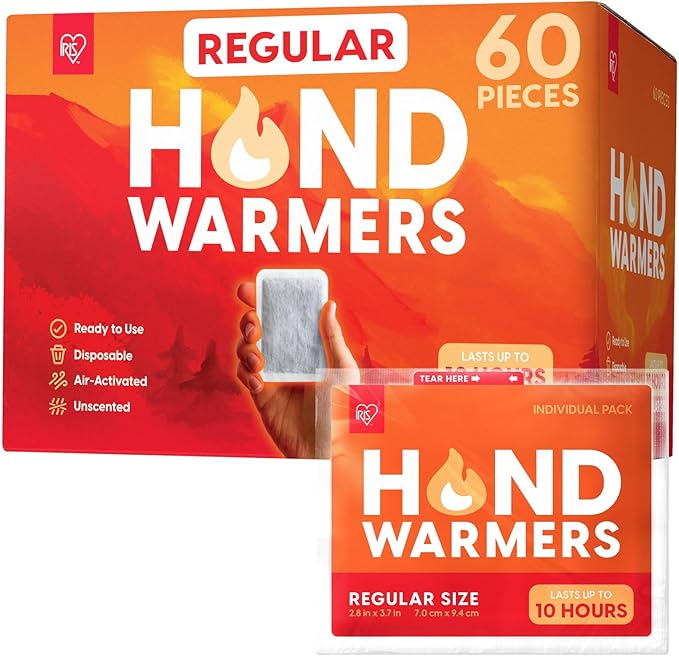 IRIS USA Hand Warmers, Regular/Large/Jumbo, 30/60 Individual Warmers, Regular/Adhesive Body Warmers Up to 10/12/18 Hours Disposable Handwarmer Bulk for Hot Hands Feet Chest Back, TSA-Approved, Camping