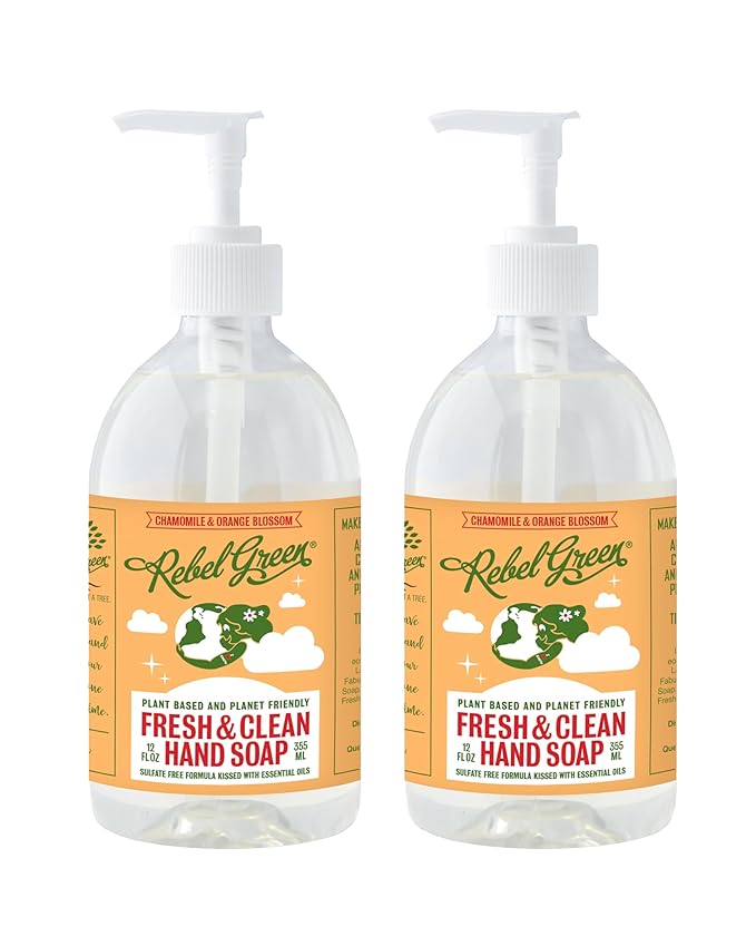 Rebel Green Fresh & Clean Hand Soap - Moisturizing Natural Liquid Hand Soap for Bathroom & Kitchen - Orange & Chamomile, 12 Fl oz, Pack of 2
