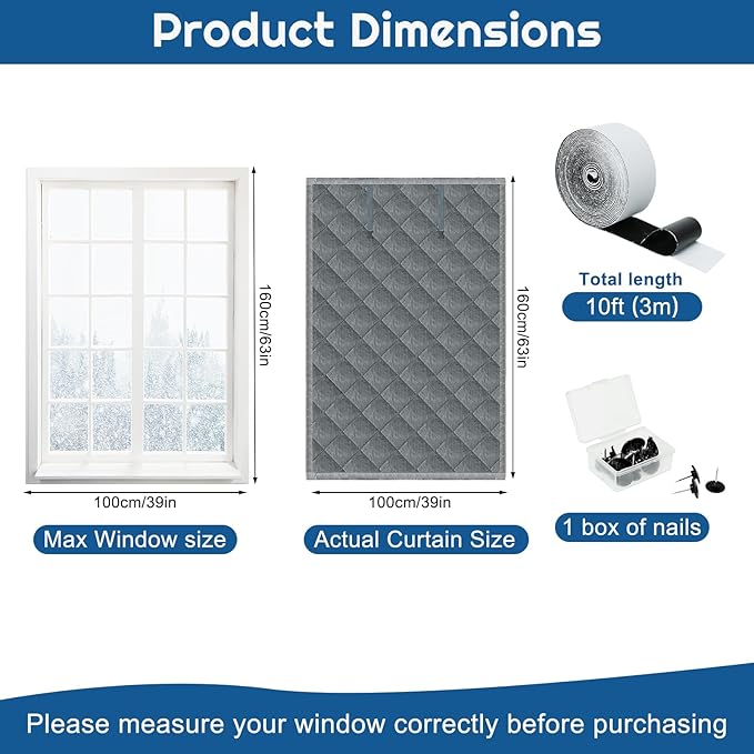 Window Insulation kit, 3-Layer Cotton Thermal Insulated Window Cover 37 Inch x 80 Inch Oxford Winter Window Covering Velcro Insulation Curtain for Cold Weather to Keep Warm (40inches X 63inches)