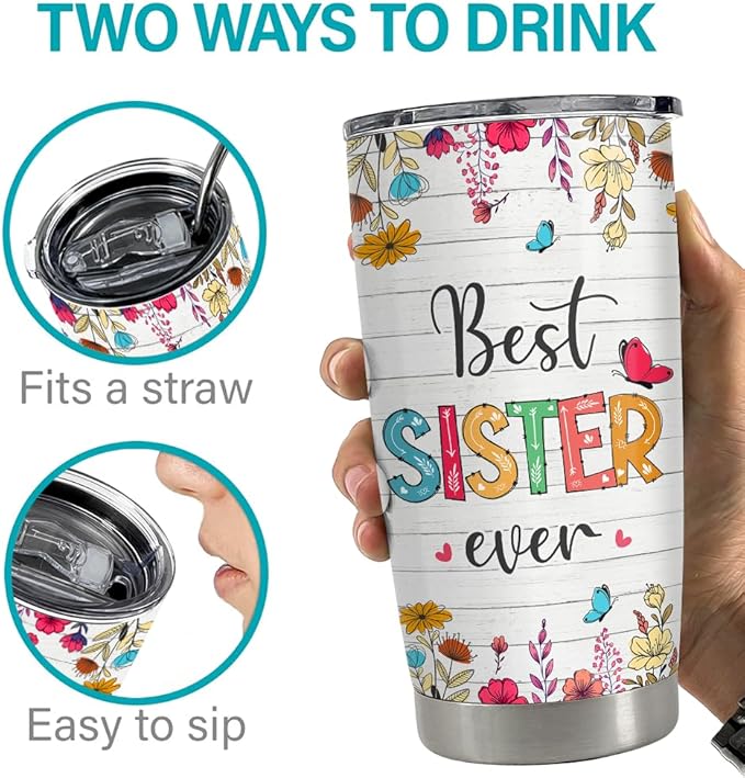 SANDJEST Sister Tumbler 20oz Best Sister Ever Gifts for Women Funny Sisters Stainless Steel Insulated Tumblers Coffee Travel Mug Cup Gift for Birthday Christmas