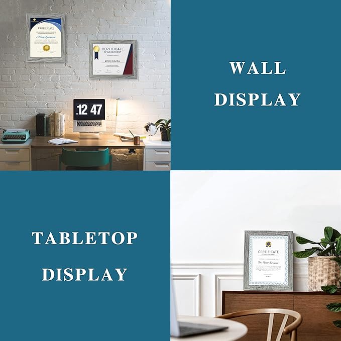 8.5 x 11 Picture Frame Set of 4, Made of Real Glass and Grey Certificate & Diploma Frame, 8.5 by 11 Photo for Wall or Tabletop - Display Picture 6x8 with Mat or 8.5x11 Without Mat