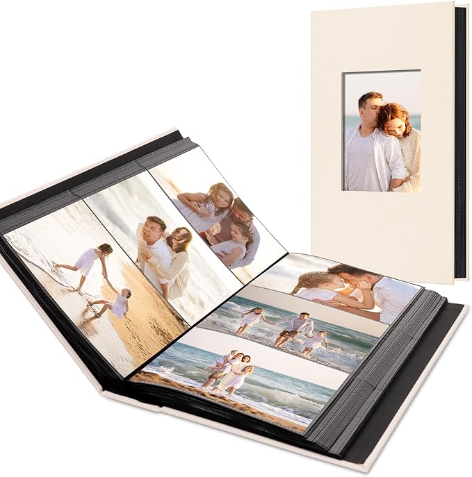 Photo Album Holds 300 Pockets with Linen Cover and Customizable Window, Fits 4x6 Photos, Archival Black Pages, Beige