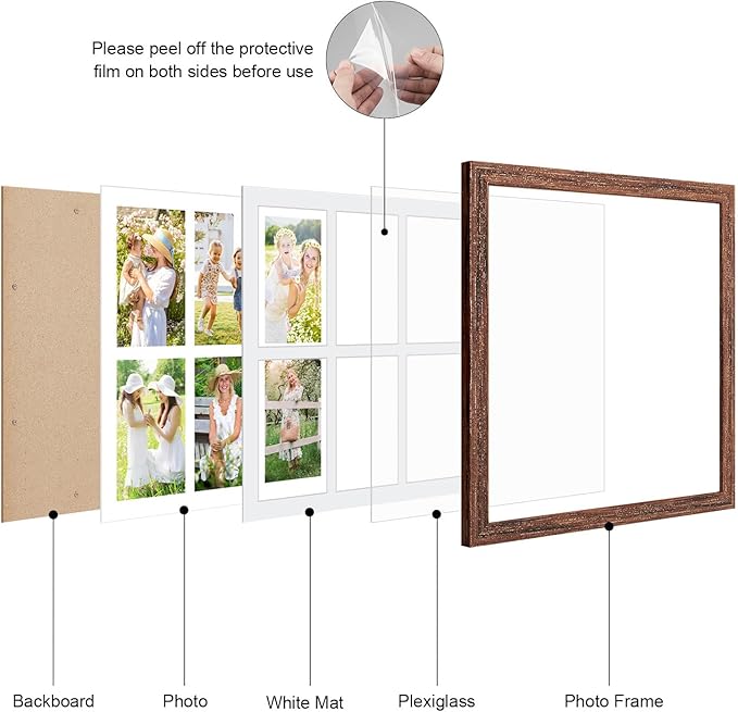 13x13 Collage frame with 6 Openings 4X6 Pictures, Multiple Picture Frame with Mat, Wall or Tabletop Decor, Carbonized Brown Wood Grain,2 Pack