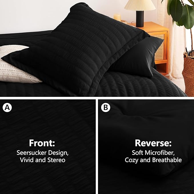 CozyLux Oversized King Comforter Set Black Seersucker 7 Pieces 120x98 Bed in a Bag Comforter Set with Sheets, Luxury Soft Bedding Sets with Down Alternative Comforter, Sheets, Pillowcases & Shams