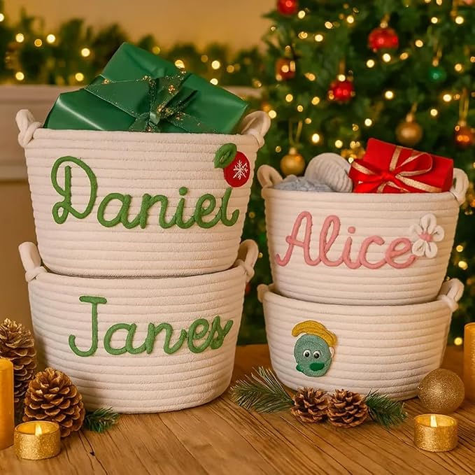 Personalized Baby Shower Basket with Name - Custom Christmas Gift Basket - Newborn Baby Gift Basket, Children's Toy Storage Box, Rope Cotton Bag, Nursery Storage, Small Diaper Caddy Organizer