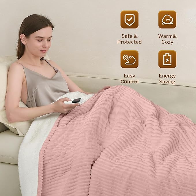 Reaks Electric Heated Blanket Twin, Silky Soft Flannel & Sherpa Twin Electric Blanket with 9 Heat Levels & 2-10 Hours Auto Off, Warm Gifts for Women Mom Grandma, ETL Certified (62x84 inches, Pink)