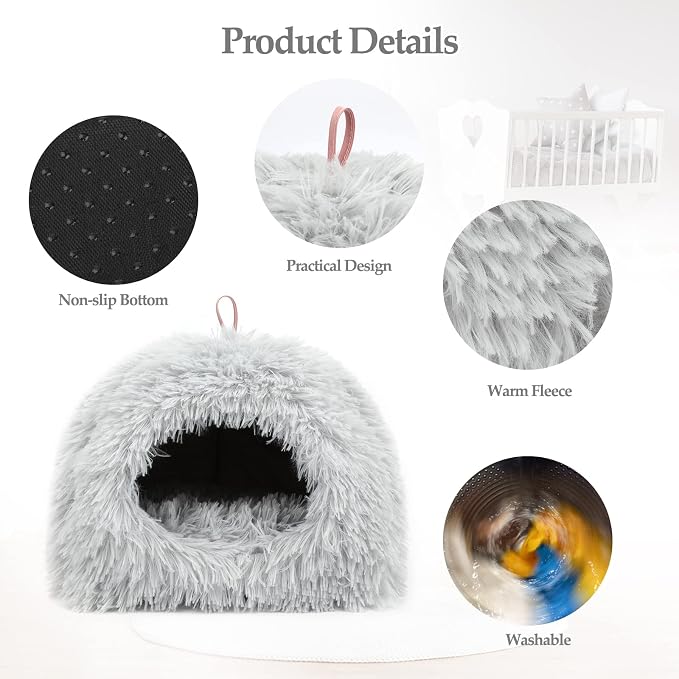 YUEPET Guinea Pig Bed Cave,Warm Guinea Pig Hideout,Light Grey | Cozy Bunny Bed, Washable Long Plush Fabric, Removable Pad, Non-Slip Base, for Ferrets Hamsters Hedgehogs Dwarf Rabbits