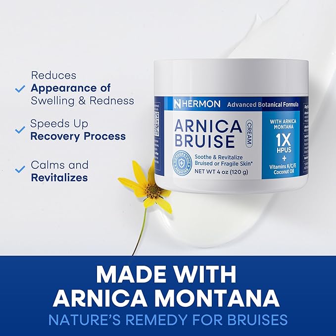 Hermon Arnica Bruise Cream: Reduce Bruising & Swelling on Thin Skin - Arnica Montana with Vitamins K, C & E–Hydrating Moisturizer for Face 4 oz