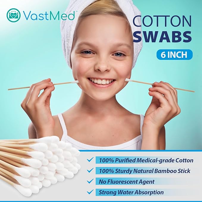 Dental Grade Inch Long Cotton Swabs with Bamboo Wooden Handles Cotton Tipped Applicator by VASTMED | Ideal for Application of Medication, Cleaning Skin, Arts and Crafts Remover Tool (6" (1000PCs))