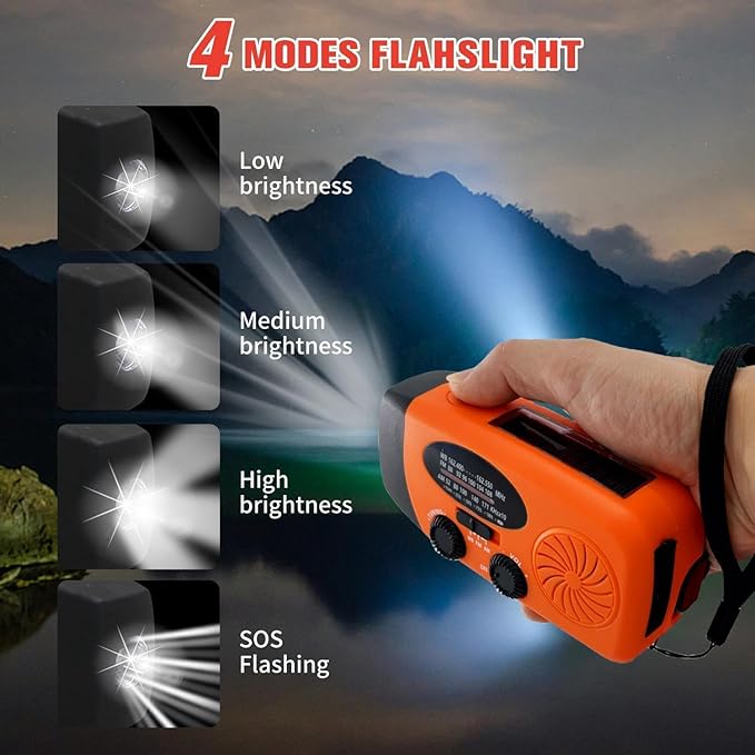 Solar Emergency Hand Crank Weather Radio, Portable Self Powered NOAA AM/FM Radios with SOS Alarm LED Flashlight 5000mAh Smart Phone USB Charger for Camping (Orange)