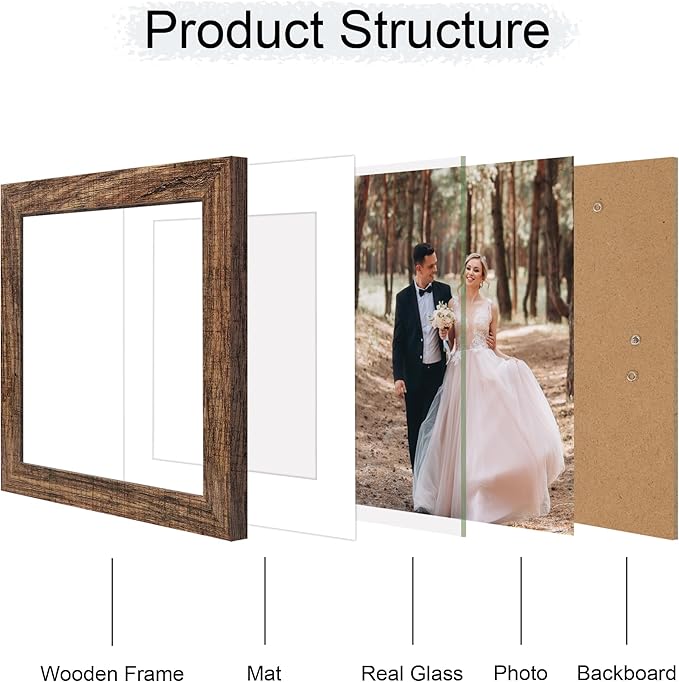 iRahmen 8x8 Picture Frame Set of 4 with HD Glass, Display 6x6 Pictures with Mat or 8 x 8 Without Mat, Rustic Wood Photo Frame for Wall Mount and Tabletop Display