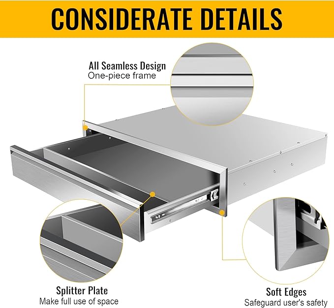 Outdoor Kitchen Drawers Stainless Steel 30W X 6.5H X 23D Inch, Flush Mount Single BBQ Island Drawers with Hidden Handle for Outdoor Kitchens, Patio or Grill Station