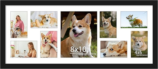 12x30 Collage Picture Frame Displays One 8x10 inch Photos and Eight 4x6 photos Collage Available Horizontal Wall Mounting Display and Vertical Black