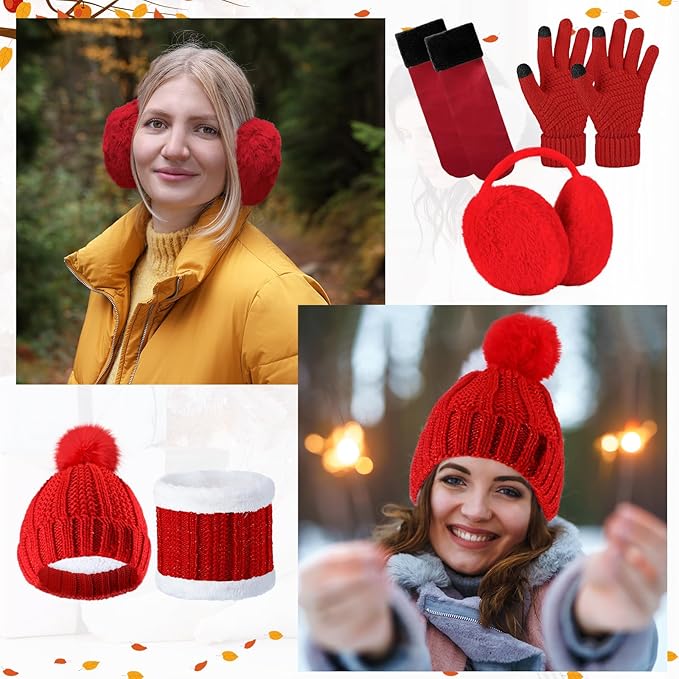 SATINIOR 5 Pcs Winter Hat Scarf Gloves Set Fleece Warm Lined Knit Beanie Hat Touch Screen Earmuff Gloves Warmer for Women(Red,Classic Style)