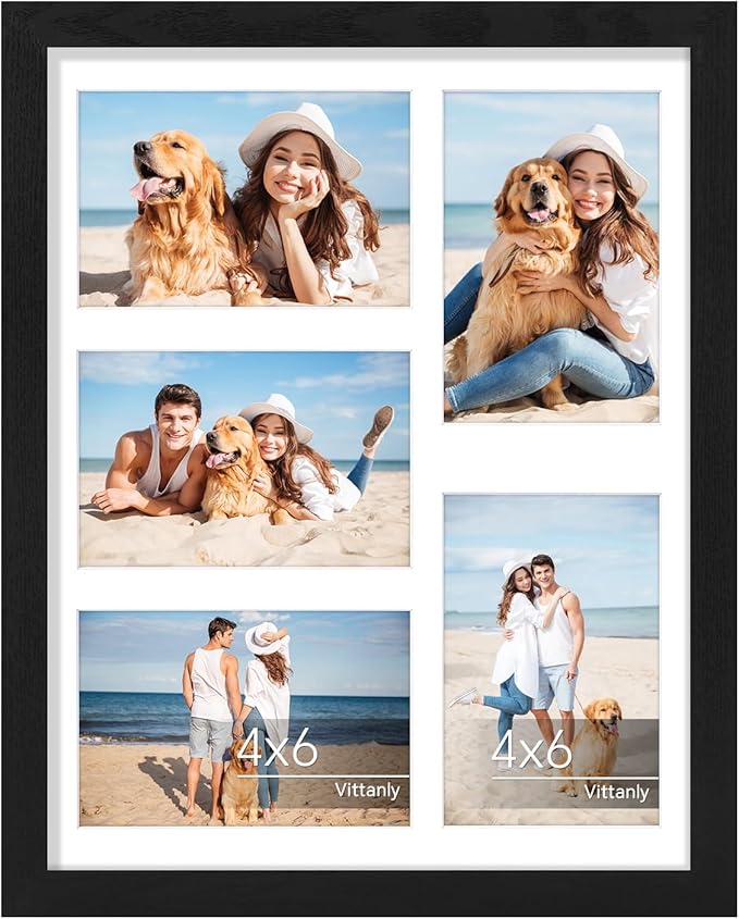Vittanly 11x14 Collage Picture Frame, Displays 5Pcs 4x6 Pictures with Mat or 1Pcs 11x14 without Mat for Wall Mounting, Picture Frames Collage Wall Decor in Black, 1 Pack